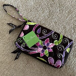 Vera Bradley Brown Floral Quilted Wristlet with Pink, Purple & Green Accents
